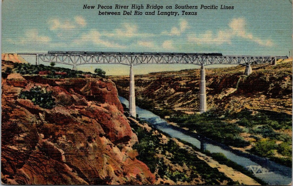 1930s New Pecos River High Train Bridge Del Rio Langtry Texas Vintage Postcard
