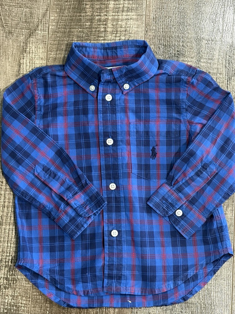 Ralph Lauren Baby Boy Blue Plaid Long Sleeve Shirt With Pony  Logo Sz 18M