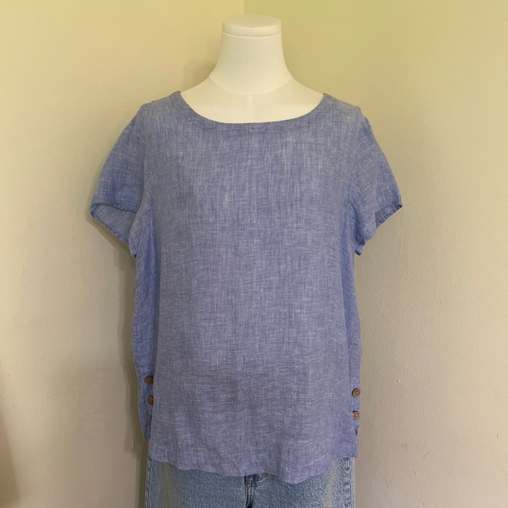 C&C California Women Blue 100% Linen Short Sleeve Side Button Top Size Large