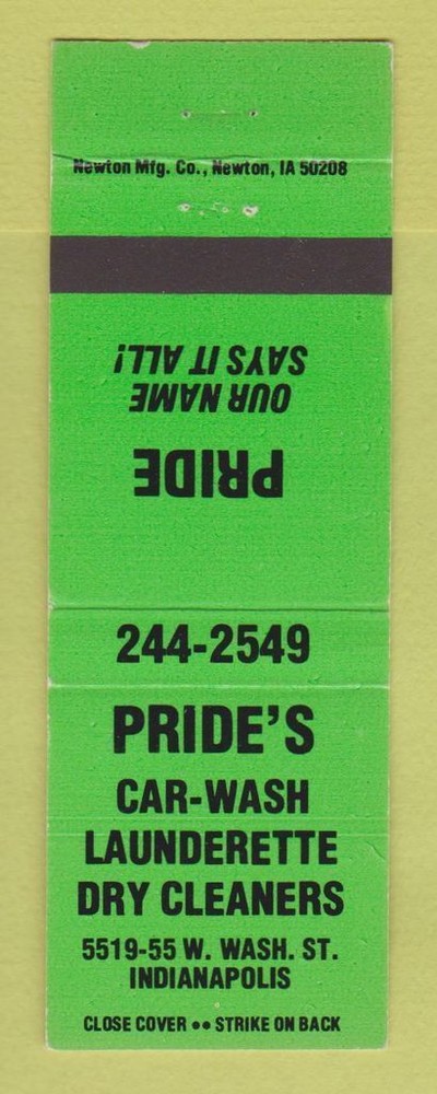 Matchbook Cover - Pride's Car Wash Laundry Indianapolis IN