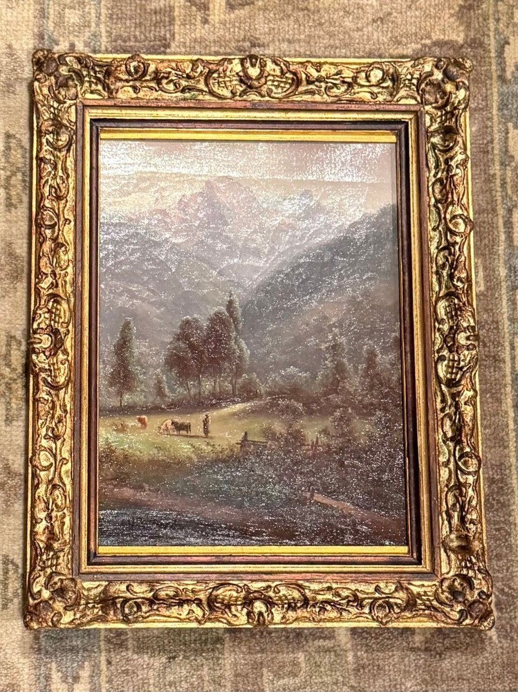 Antique European Oil on Board Alpine Landscape | 19th C. Period Gilt Frame