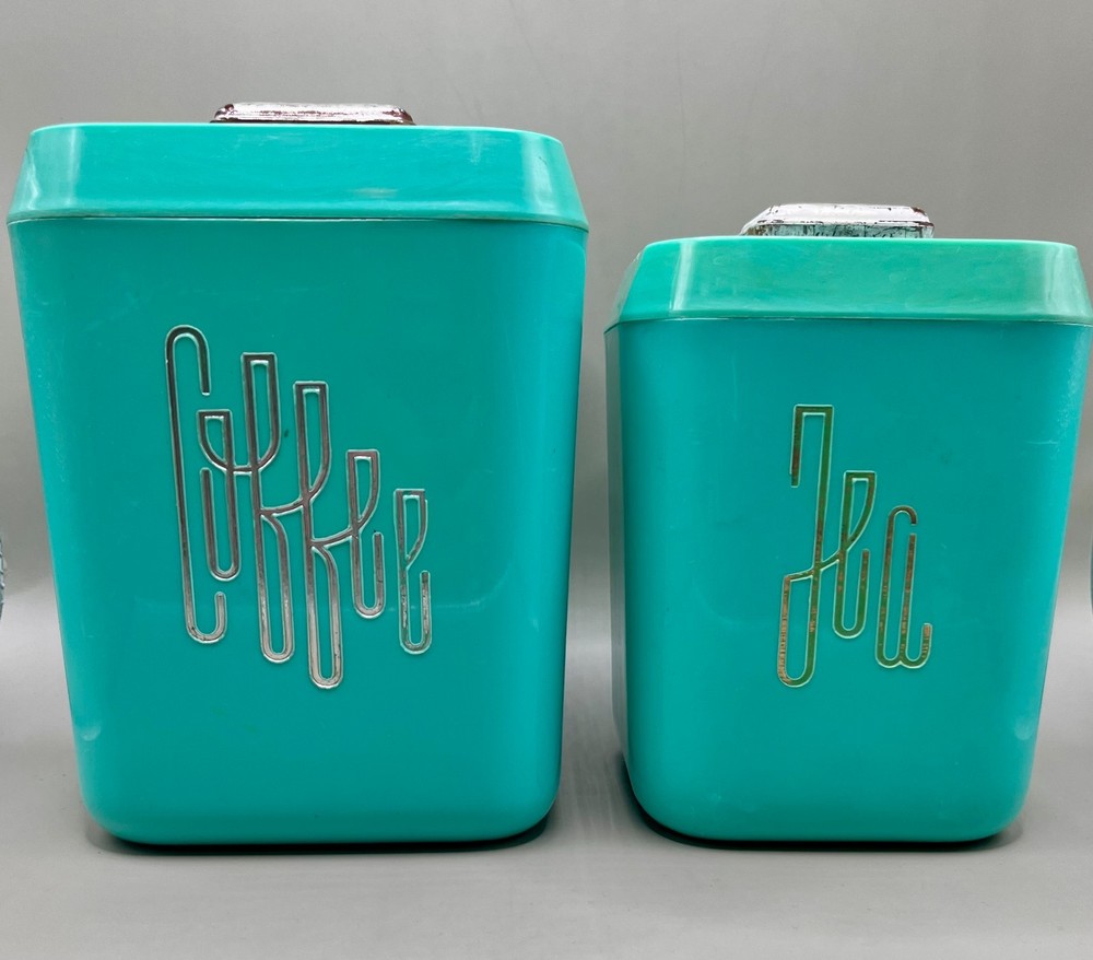 Vintage Lustro Wear Teal Plastic Coffee & Tea Canisters
