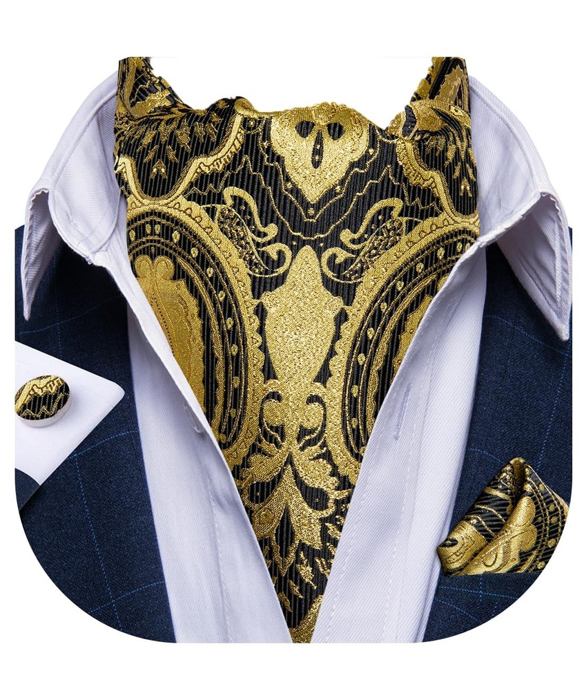 Black Gold Ascot Ties for Men Cravat Tie and Pocket Square Set Jacquard Silk ...