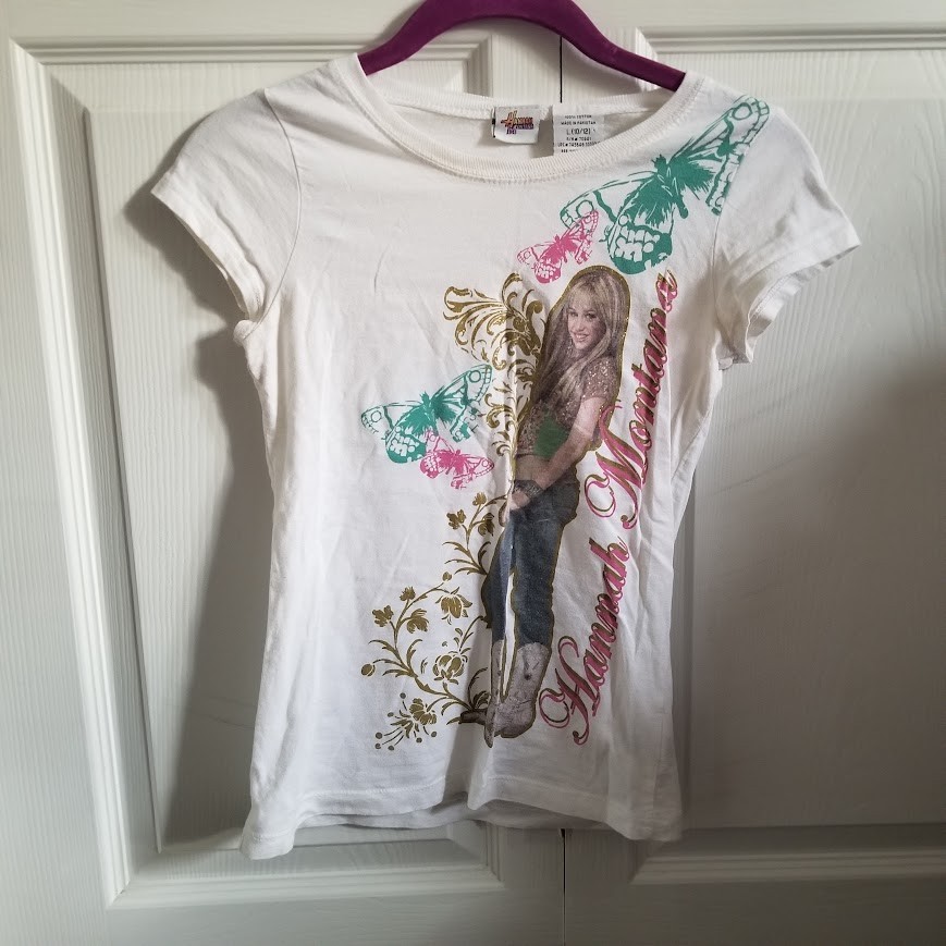 Hannah Montana Girl's T-Shirt Large 10-12 White Blue Gold Glitter Vintage Y2K