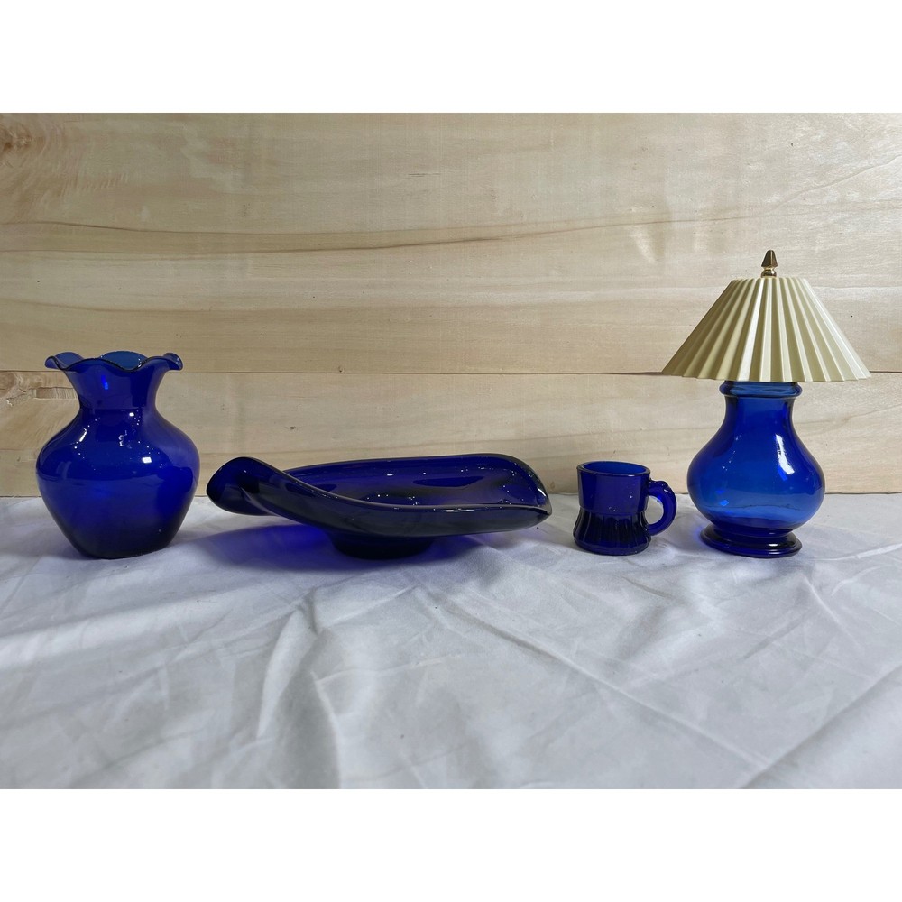Cobalt Blue Glass Lot 4pc Ruffled Vase Art Glass Bowl Mini Mug Decorative Lamp