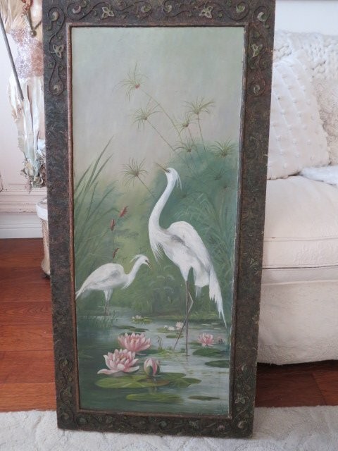 OMG Old Antique OIL PAINTING WHITE EGRETS BIRDS Water Lilies Pond ORNATE FRAME