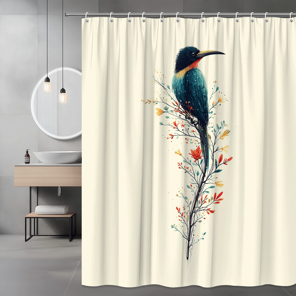 Bird Floral Shower Curtain, Colorful Branch Print, Cream Background