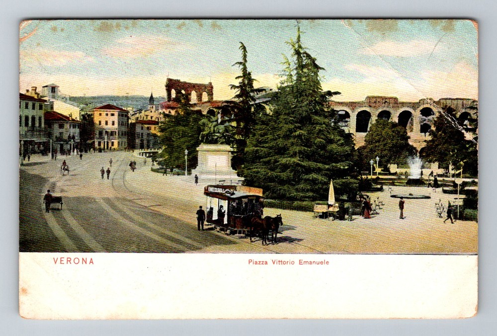Italy- Verona Vittorio Emanuele Plaza Historic Buildings PC Old Vintage Postcard