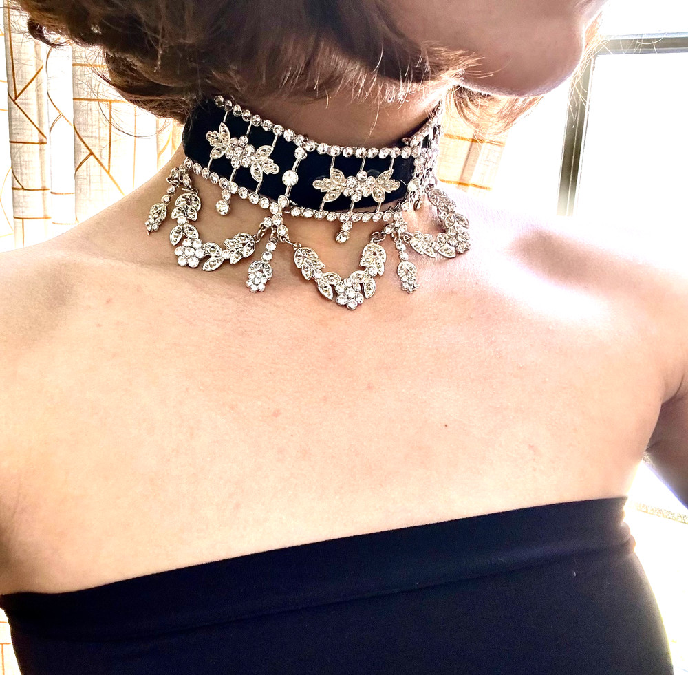 Victorian Silver Tone Black Velvet Statement Necklace Choker Style Rhinestones