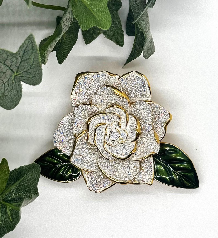 Joan Rivers Limited Edition Swarvoski Crystal Enamel Gardenia Brooch Pin Nib