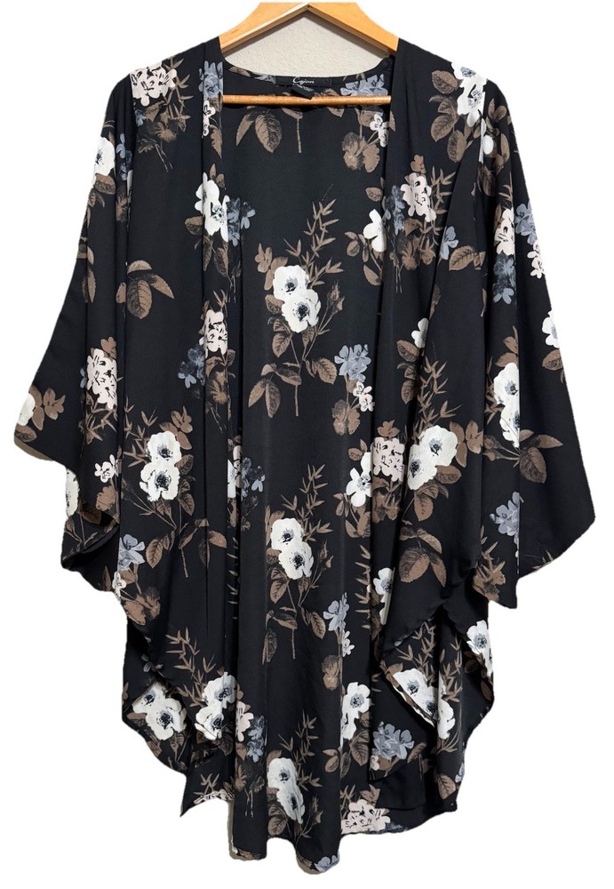 Cejon Kimono Black Multicolored Floral Open Front Whimsy One Size / Side-Slit