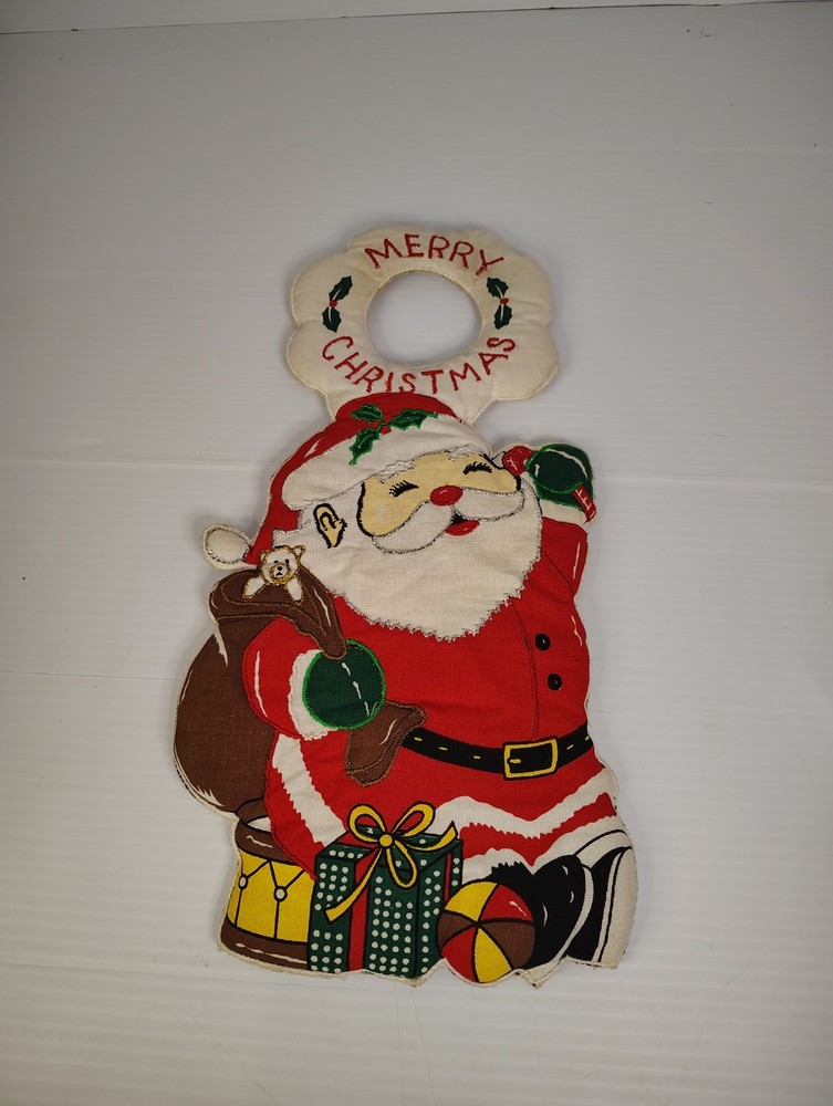 Vintage Fabric Merry Christmas 12” Door Knob Hanger Cloth Stitched SantaClause