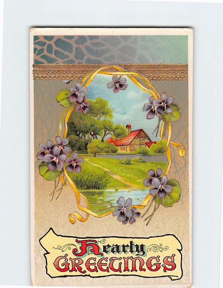 Postcard Cottage Scene Purple Floral Vintage Hearty Greetings
