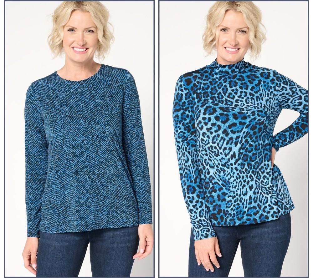 Susan Graver Women's Top Sz M Printed Liquid Knit Long Sleeve Tops Blue A667483