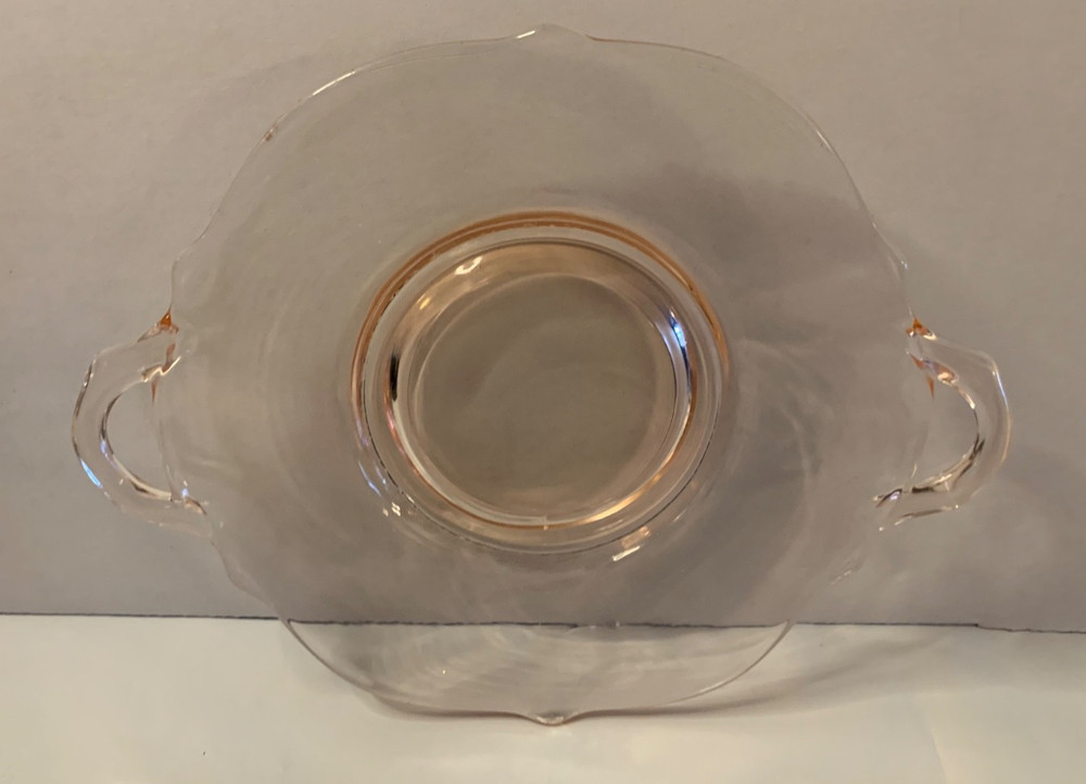 Vintage Pink Depression Glass Serving Plate Two Handles Scalloped Edges Footed