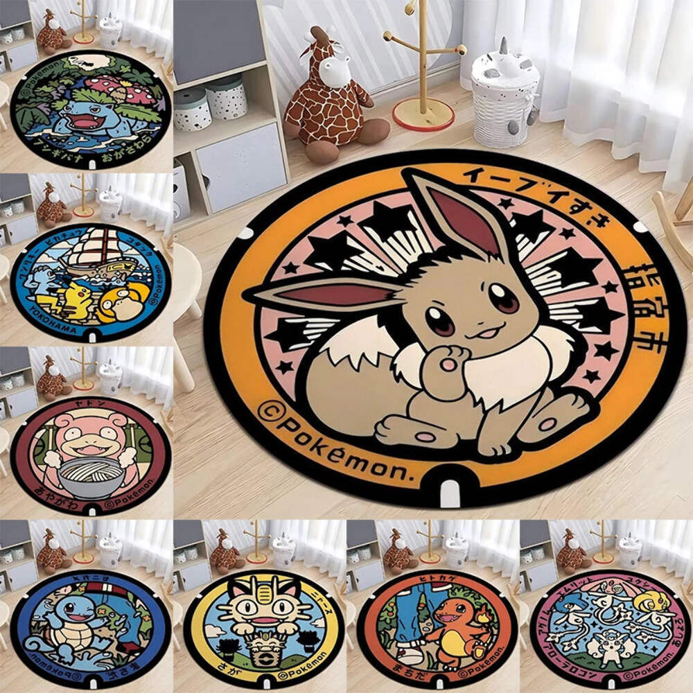 Pokemon Themed Non-Slip Flannel Round Rug for Bedroom Living Room or Entryway