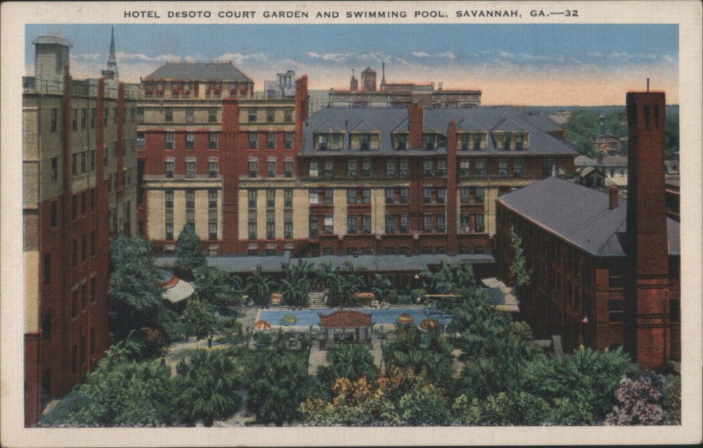 Savannah, Georgia GA Hotel DeSoto Court Garden Swimming Pool Vintage Postcard