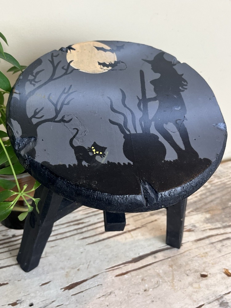 Vintage Halloween Witch & Cat Hand Painted Wooden Midnight Black Stool Whimsical