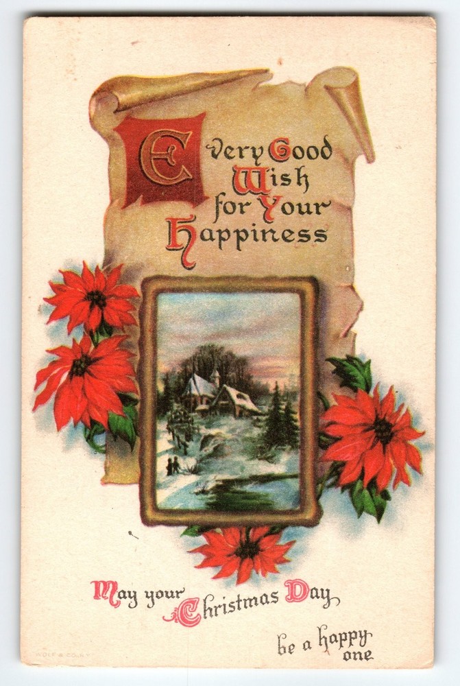 Vintage 1922 Christmas Postcard Winter Scene Poinsettias Wolf & Co