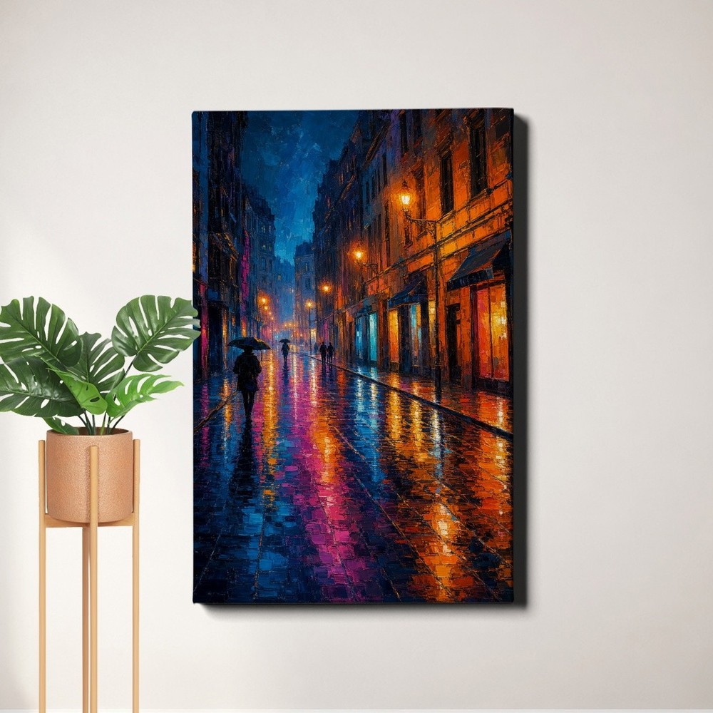 Rainy City Street Wall Art Colorful Night Reflection Urban Scene