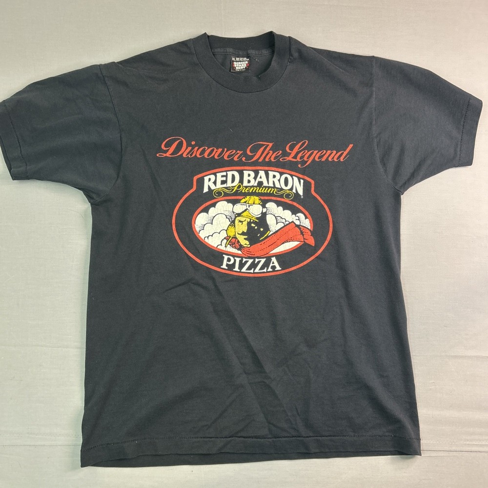 VTG 90s Red Baron Pizza T-shirt XL Single Stitch 2 Sided Black Screen Stars USA