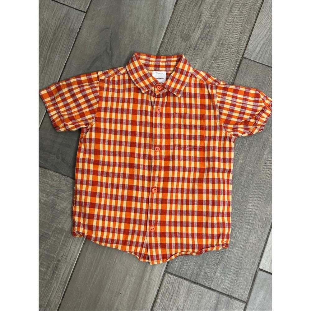Hanna Andersson Orange Plaid Shirt Button Down Short Sleeve Unisex Kids Size 4
