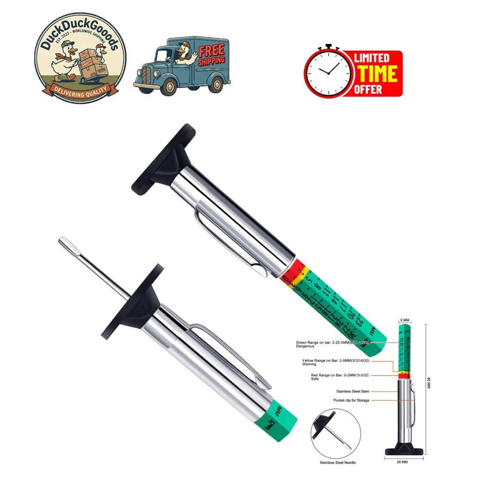 Accurate Tire Tread Depth Gauge with Color-Coded Readings & Pocket Clip | 2-Pack-image