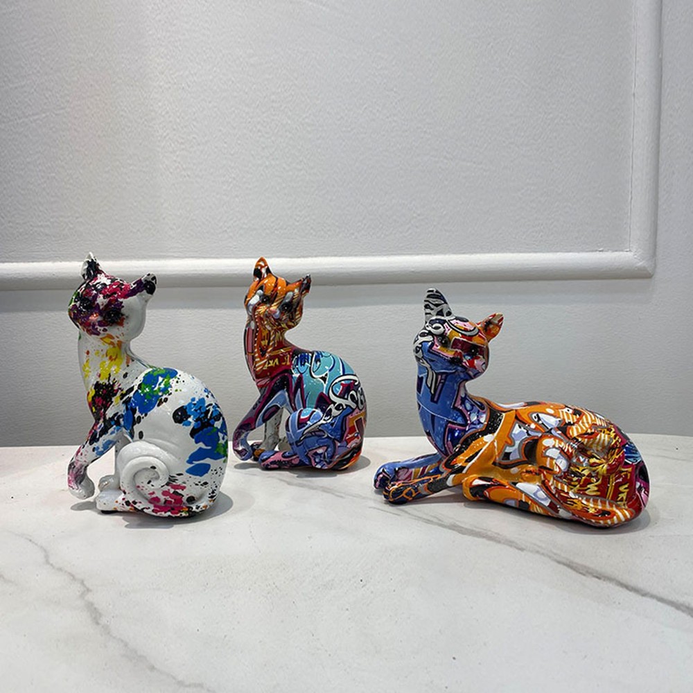 Resin Cat Statues Graffiti Ornament Figurines Craft Painted Abstract Home Decors-image