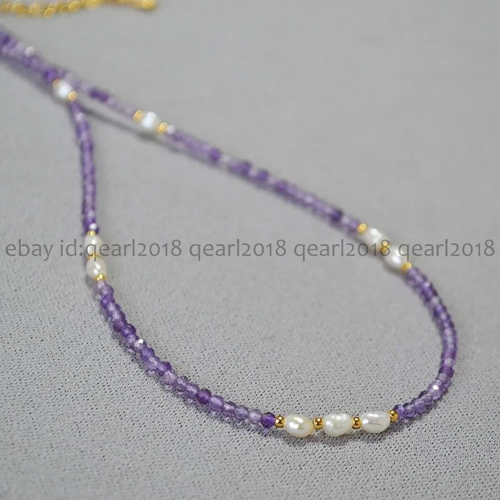 Natural Amethyst Faceted Round Gems Beads White Freshwater Pearl Necklace 14-48