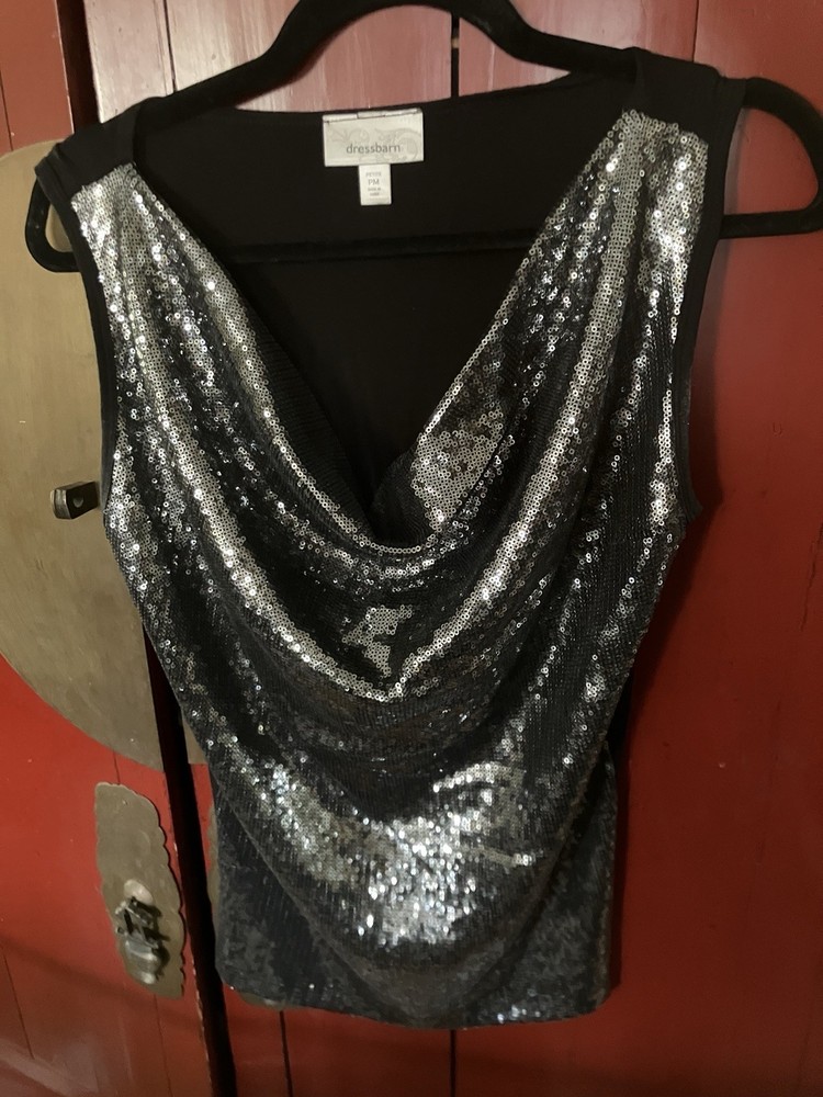dressbarn Petites PM Black/Silver Sequin Cowl Neck Sleeveless Stretch Blouse