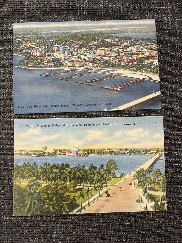 Linen Postcards Palm Beach, FL~West Palm Beach Marina & Flagler Memorial Bridge
