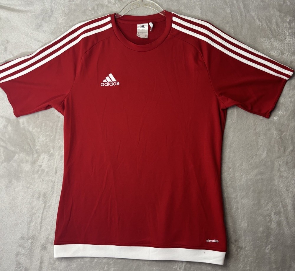 Adidas Climalite Soccer Jersey Men’s Medium Red White 3 Stripe Athletic Tee