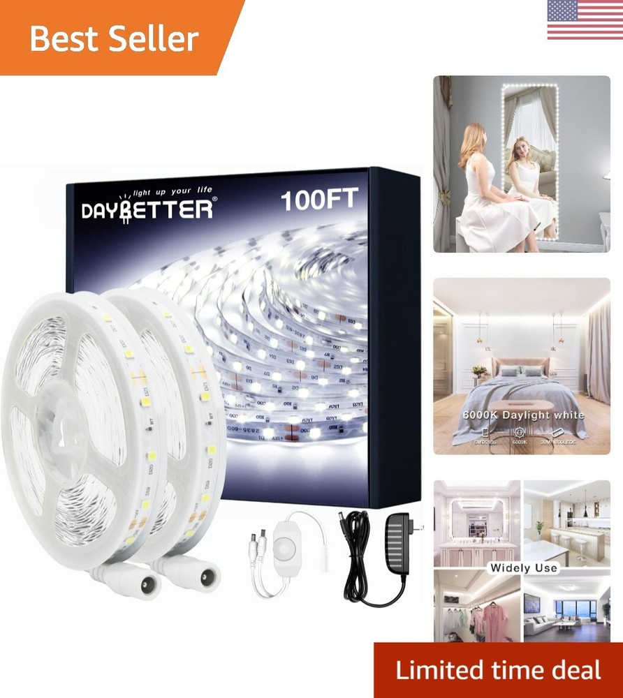 100ft Dimmable LED Strip Light Set - 1800 LEDs for Bright White Illumination