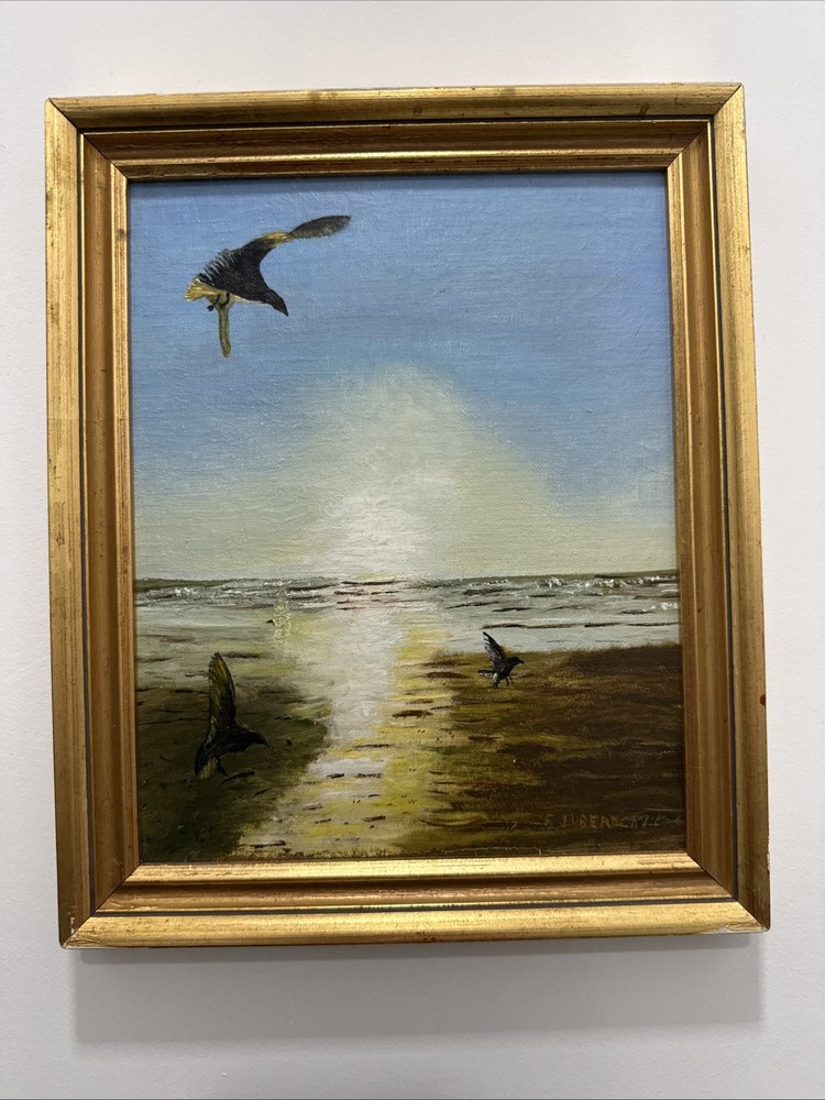 Vintage Small Oil Painting Coastal Scene Sea Beach Seagulls Signed 9x5 x 7.5