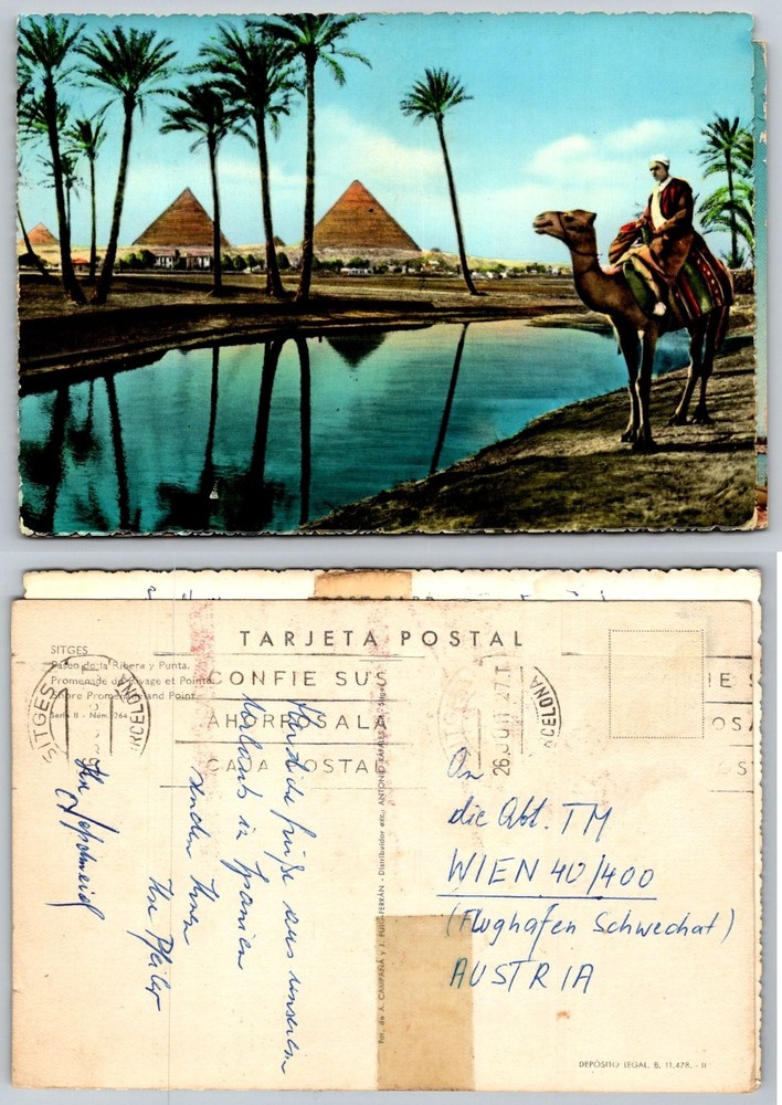 Giza Pyramids Egypt Postcard 1927 Camel Palm Trees Water Reflection Barcelona