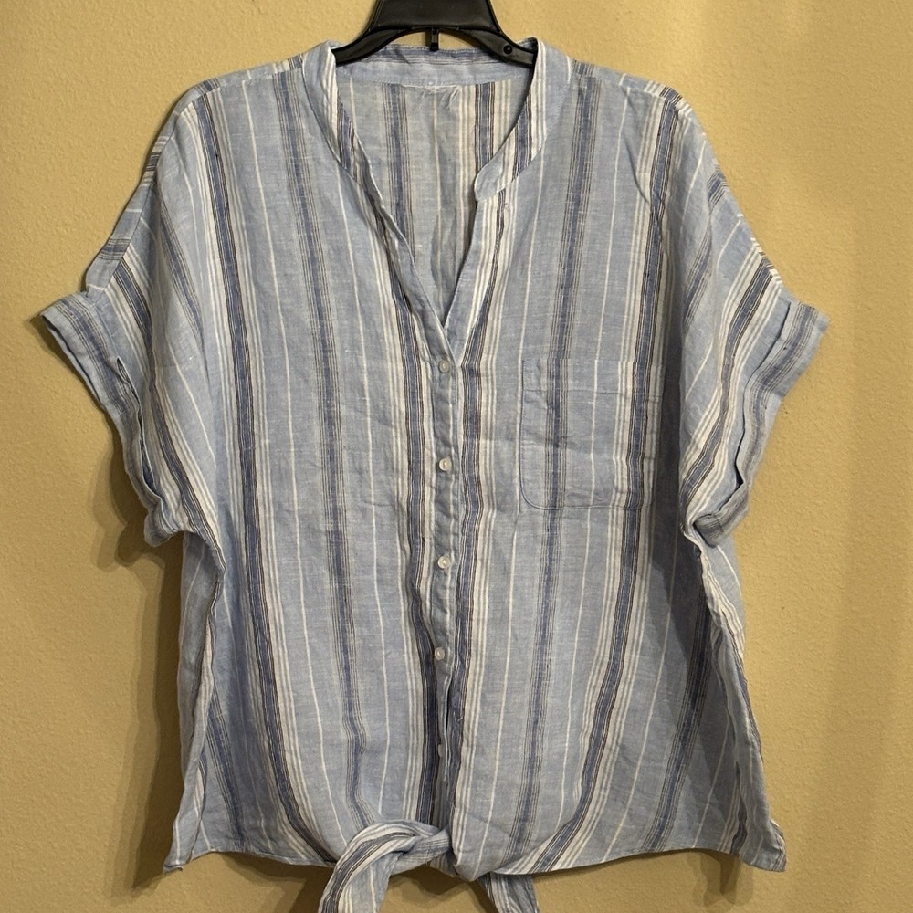CHARTER CLUB Top Women Sz XL Blue Striped 100% Linen Coastal Popover Bottom Tie