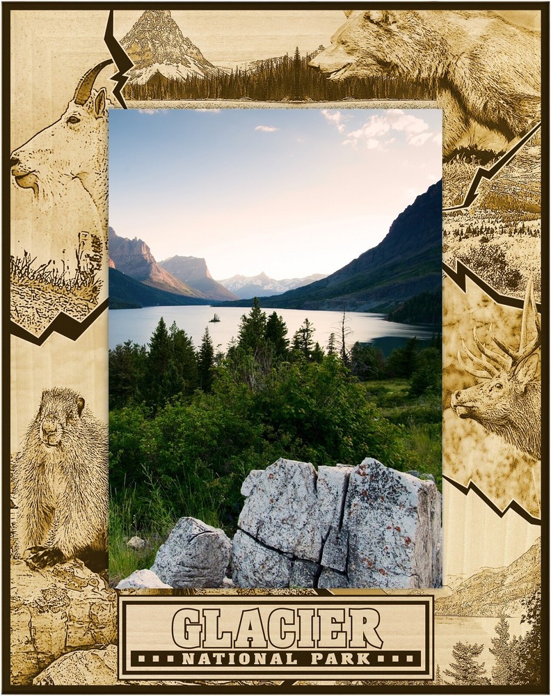 Glacier National Park Montage Laser Engraved Wood Picture Frame Portrait 4 x 6