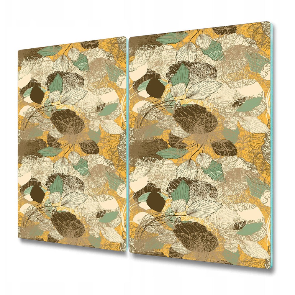Serving Chopping Board Glass Cover Abstract Floral golden brown white and green