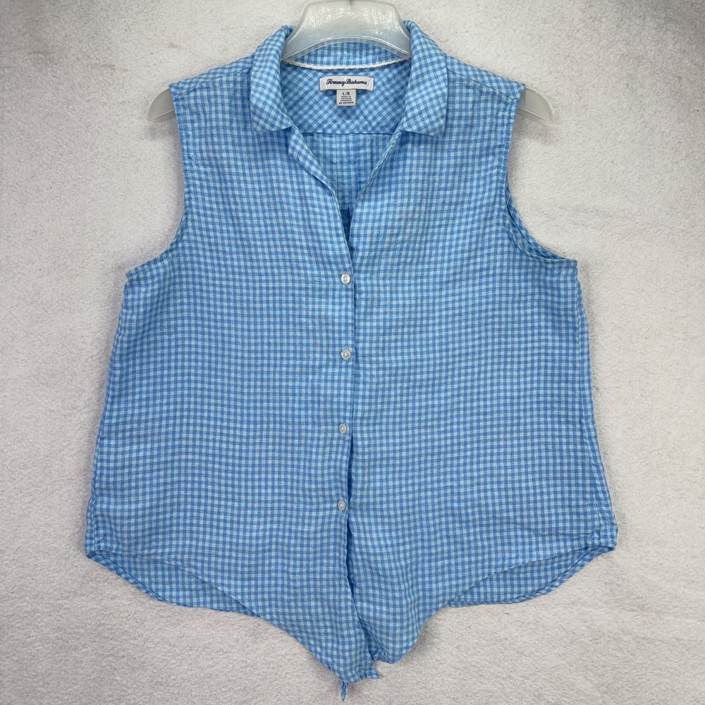 Tommy Bahama Womens Sleeveless Button Up Shirt L Blue Gingham Linen Tie Front