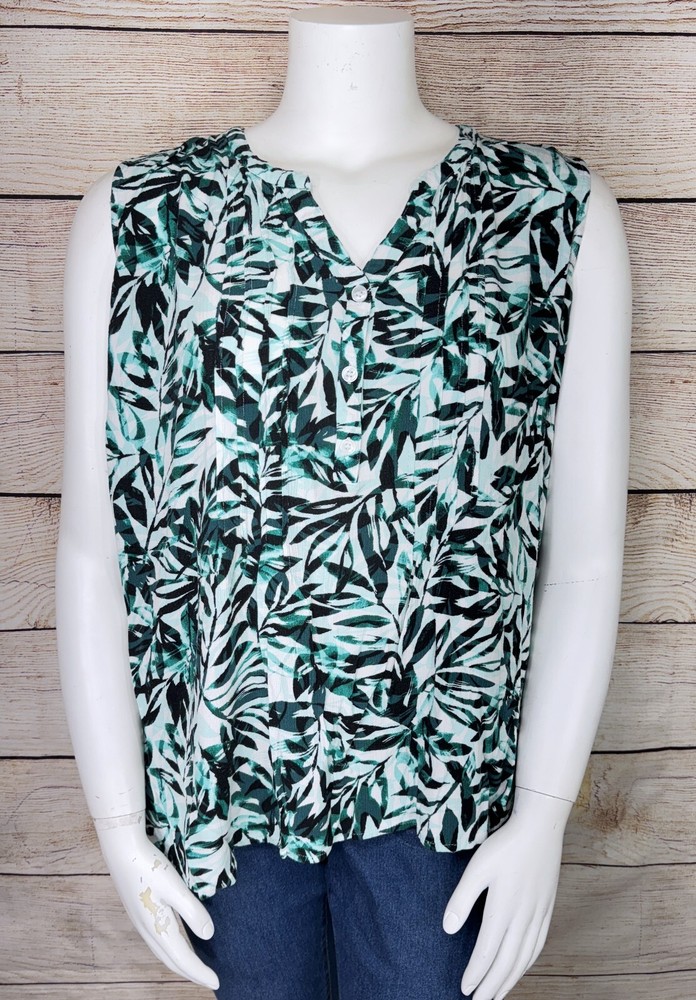 CATHERINES Women's 3X Aqua Green Black Leaves Pintuck Tunic Sleeveless Blouse