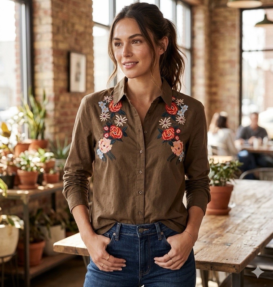Serene Bohemian Shirt Womens Sz L Button Down Embroidered Floral Boho western