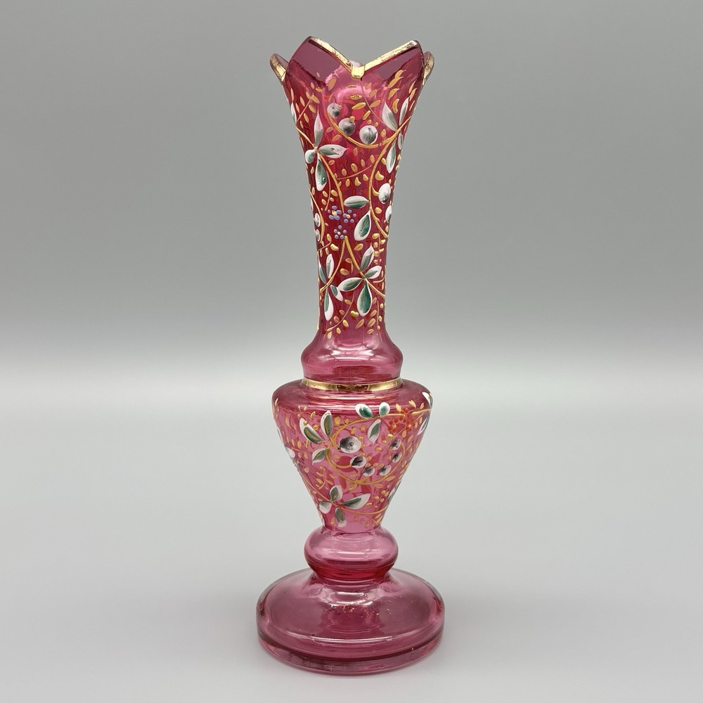 Antique Moser Czech Bohemian Cranberry Glass Gilded Floral Enamel 6.5