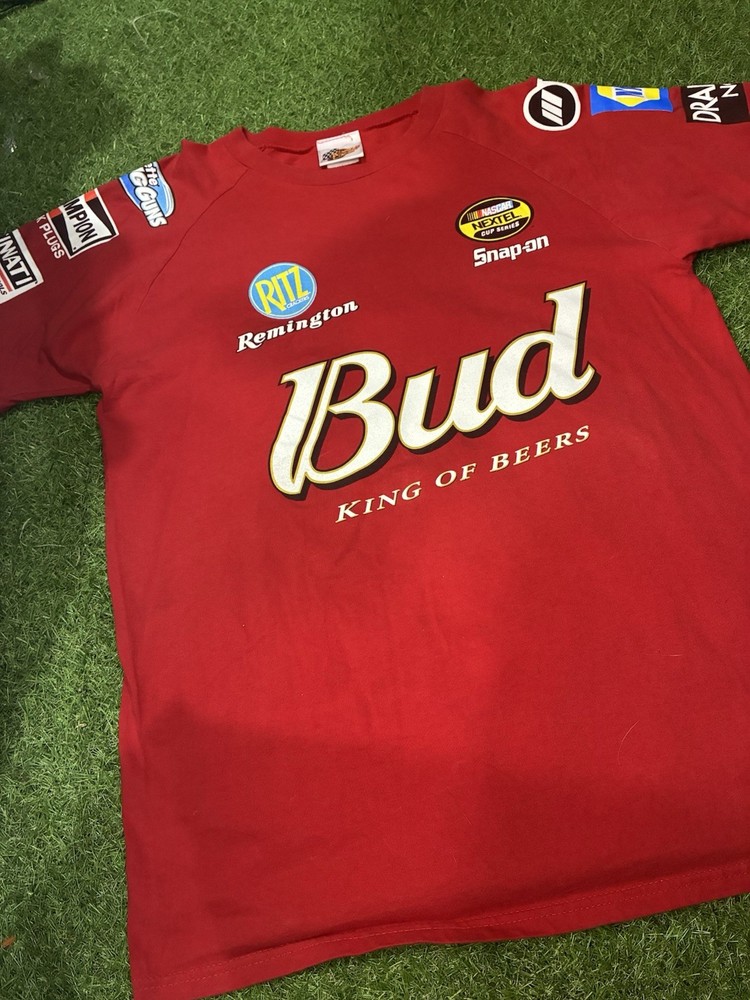 Vintage Budweiser Dale Earnhardt Jr AOP Shirt Mens Large Red King Of Beers 90s