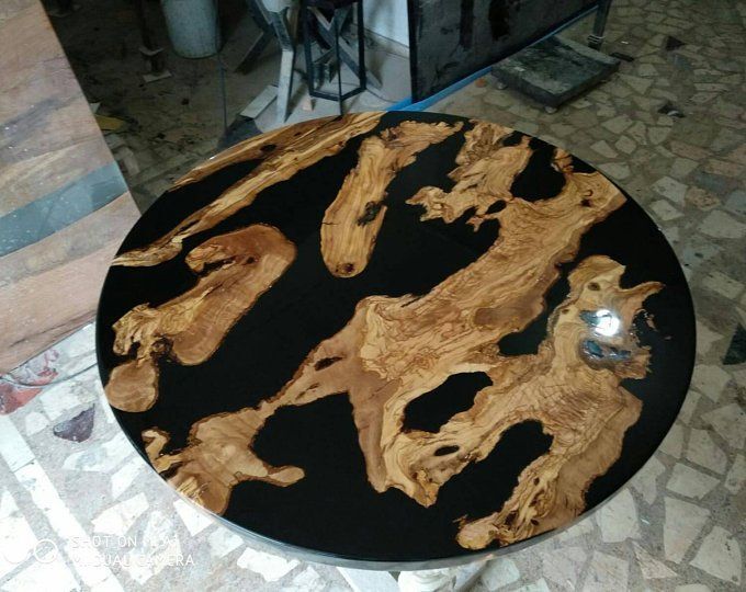 Black Round Epoxy Resin Coffee Table with Acacia Wood Base for Living Room or Entryway