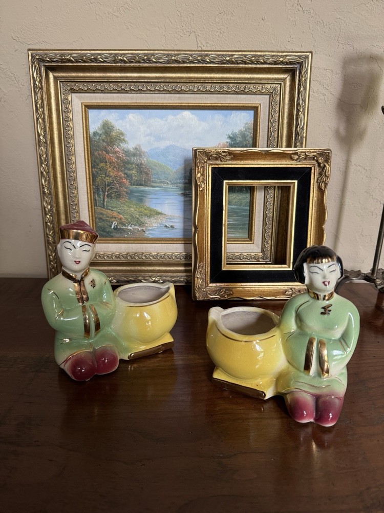 Vintage Mid Century Chinoiserie Ceramic Figural Planters Pair Male Female Kitsch