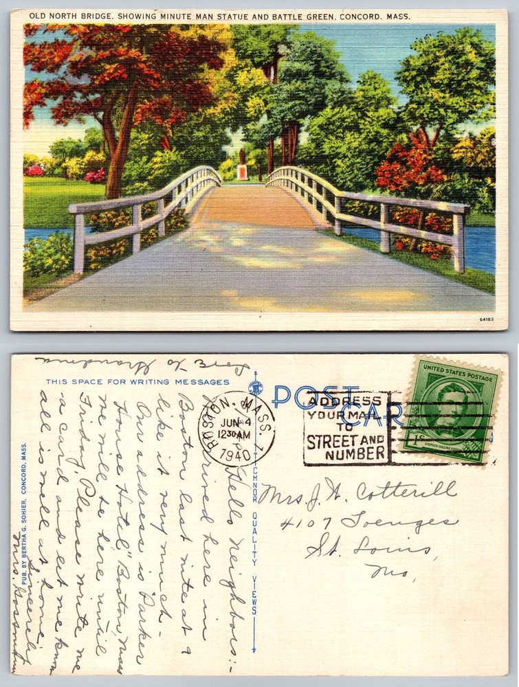 1940 Old North Bridge Minute Man Statue Concord Massachusetts Postcard