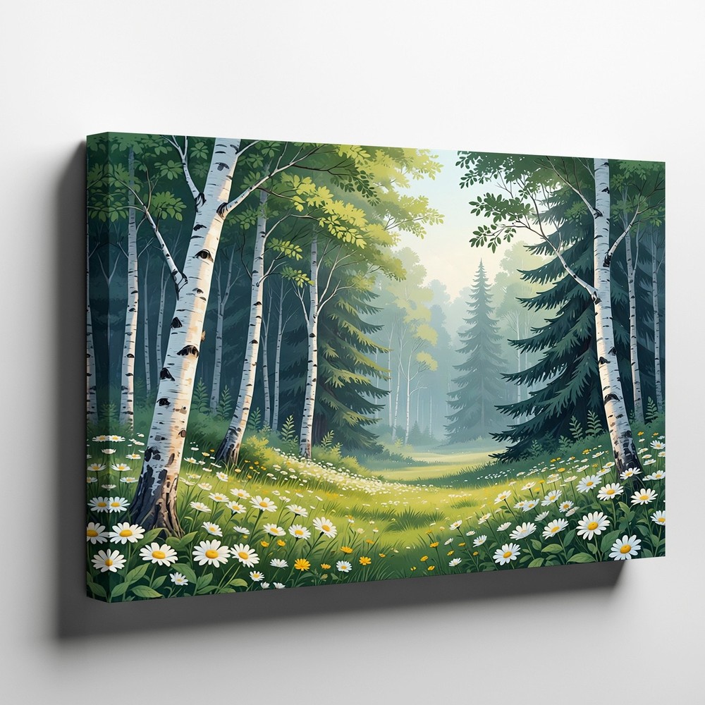 Serene Forest Landscape Canvas Wall Art with Birch Trees and White Daisy Flowers