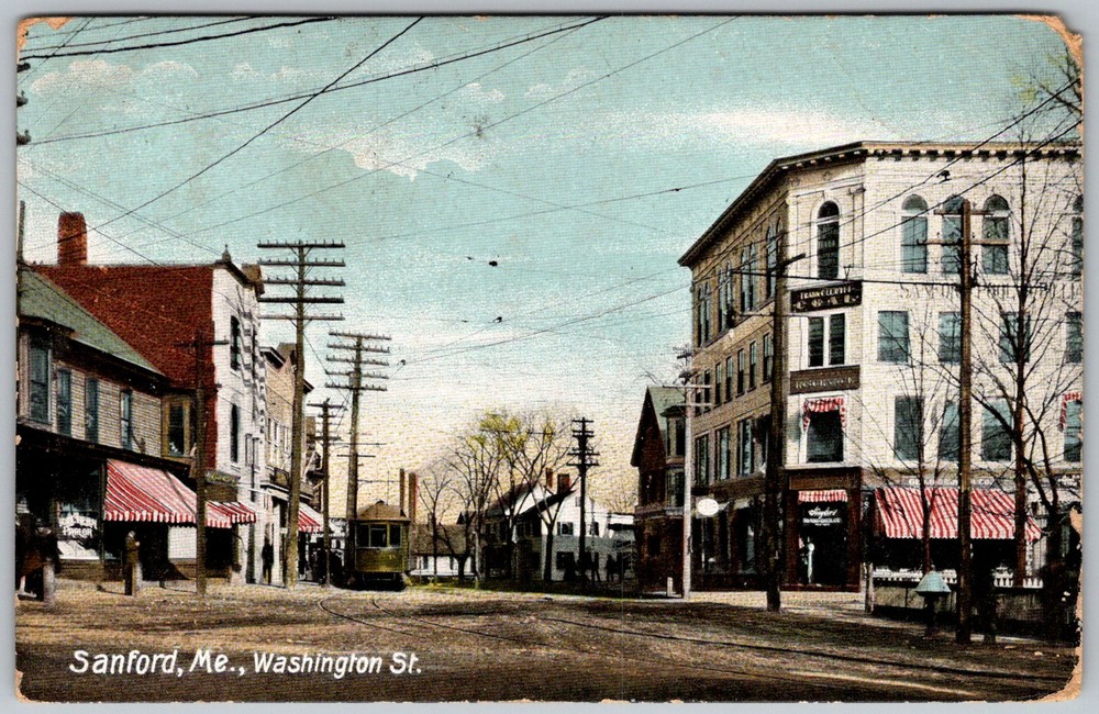 Antique Postcard Washington St Streetcar Scene Sanford, ME 1900s