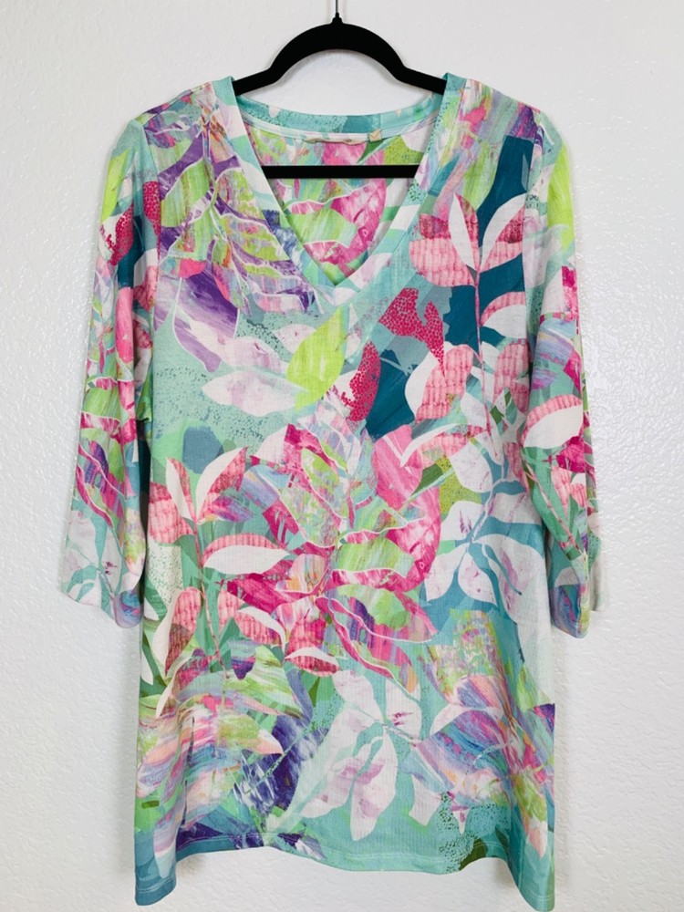 Soft Surroundings Iris Tunic Top Size 1X Floral 3/4 Sleeve Multicolor Shirt