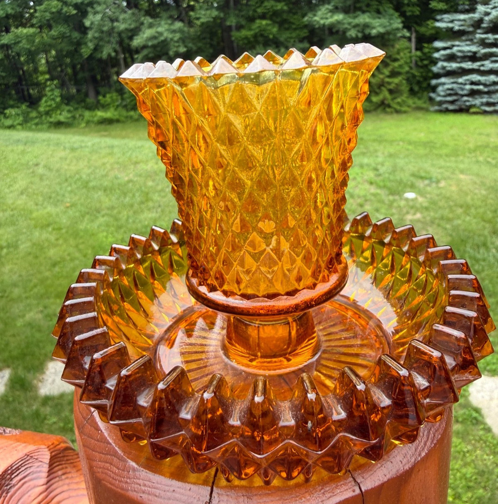 Vintage Indiana Glass Diamond Point Amber 2-Piece Candle Holder with Votive MCM